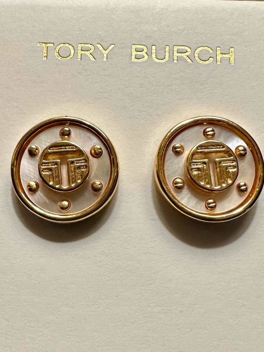 New Auth. Tory Burch Mother-of-Pearl Stud Earrings in Tory Gold on Earring Card